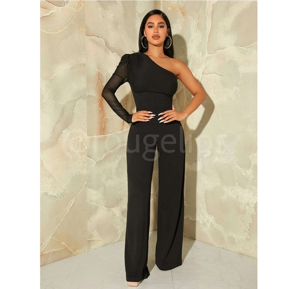 One Mesh Shoulder Black Elegant Jumpsuit High Waist Long Wide Leg - Picture 3 of 10